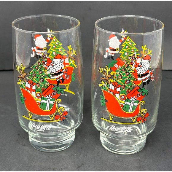 Coca Cola Other - 1985 (2) MCCRORY STORES Santa COCA COLA Tumbler Glasses Christmas Tree Sleigh